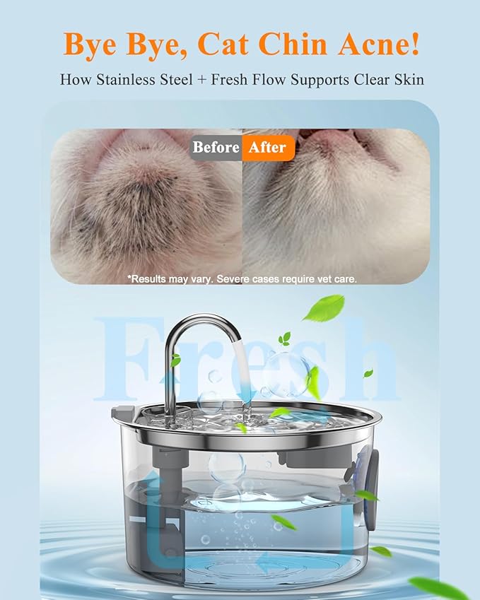 Cat Water Fountain Stainless Steel with 12 Filters Kit [3.2L/108oz] Automatic Water Dispenser with LED Water Level Window, Easy to Clean Metal Pet Drinking Fountain for Kitty to Large Cats Indoor