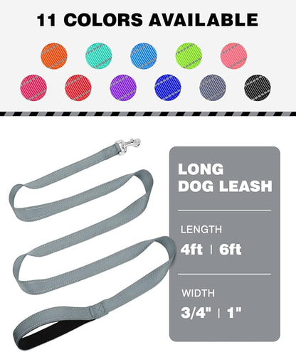 4FT Reflective Nylon Dog Leash with Soft Padded Handle for Walking, Running and Training, Supports Small Medium and Large Dogs (Grey, 3/4 Inch Wide)