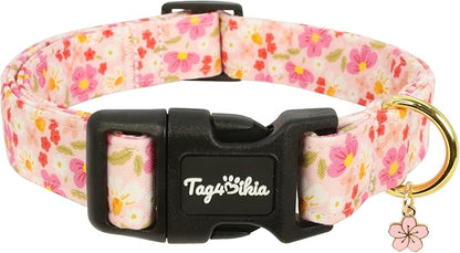 Dog Collar with Cherry Blossom Patterns, Spring Summer Collection Pink Dog Collar with Exquisite Pendant, Durable Adjustable Collars for Gifts & Daily Use-M