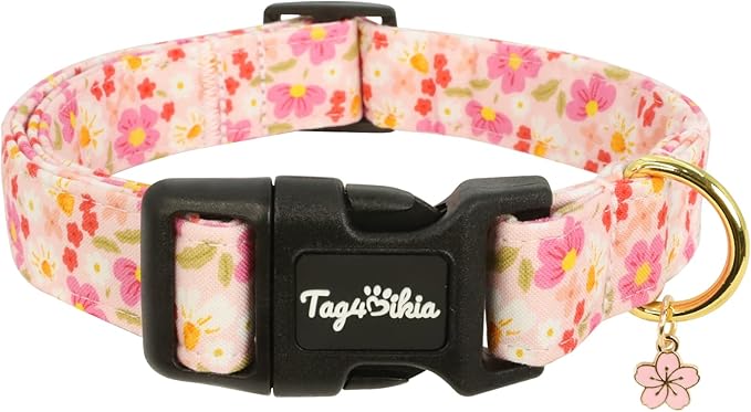 Dog Collar with Cherry Blossom Patterns, Spring Summer Collection Pink Dog Collar with Exquisite Pendant, Durable Adjustable Collars for Gifts & Daily Use-L