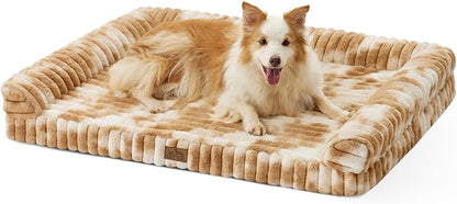 COZY KISS Cute Dog Bed for Large Dogs, Faux Rabbit Fur Orthopedic Foam Dog Bed with Sides, Removable Washable Cover & Waterproof Lining, Comfortable Pet Couch, Tie-Dye Brown (44" L x 32" W x 7" Th)
