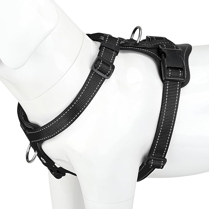 Plutus Pet Adjustable No Pull Dog Harness with Leather Accents, Heavy Duty Reflective Nylon Vest for Training, Hiking, Easy Walk Harness for Small, Medium, Large Dogs (Black, L)