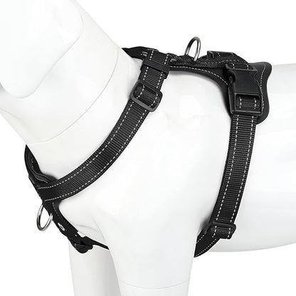 Plutus Pet Adjustable No Pull Dog Harness with Leather Accents, Heavy Duty Reflective Nylon Vest for Training, Hiking, Easy Walk Harness for Small, Medium, Large Dogs (Black, L)