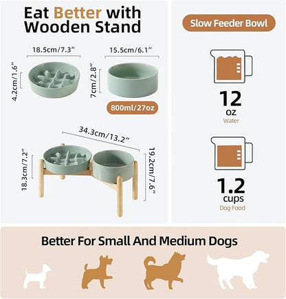 Ceramic 1.2 Cup Raised Slow Feeder Dog Bowl Set, Elevated 6.1inch Bowl and 7.3inch Slow Pet Food Dish with Wooden Stand for Small and Medium Dog (2 x Light Green+ Stand)