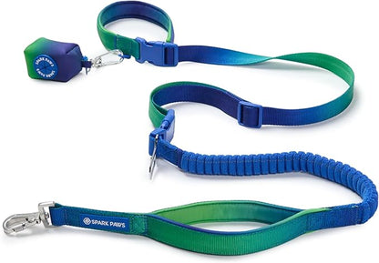 Spark Paws Handsfree Dog Leash – Shock Absorbing Waist Bungee Lead with 2 Padded Handles, Car Seatbelt Clip & Poop Bag Set, Heavy Duty Tactical Lead for Medium, Large & X-Large Breeds - Lime Wave