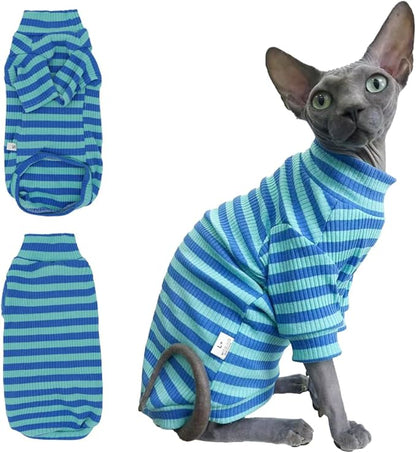 Snixfever Striped Waffle Knit Shirt for Sphynx Cat, 2-Leg Long Sleeve Lightweight Outfit for Hairless Cats, Soft All-Season Pet Clothes (Blue, Small (2.5-3.5lbs))