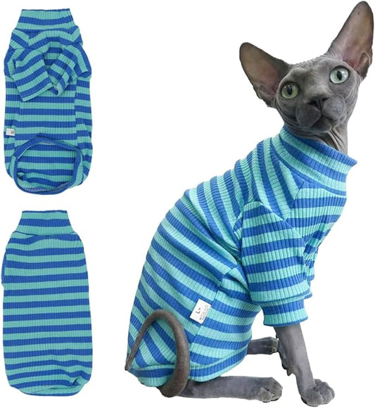 Snixfever Striped Waffle Knit Shirt for Sphynx Cat, 2-Leg Long Sleeve Lightweight Outfit for Hairless Cats, Soft All-Season Pet Clothes (Blue, Small (2.5-3.5lbs))