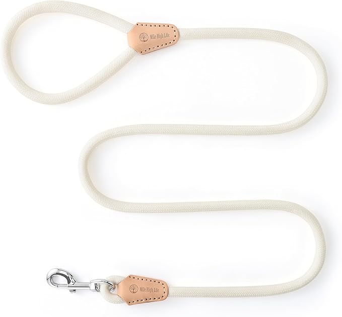 Mile High Life Dog Leash, Rope Leash with Genuine Leather Connection and Heavy Duty Metal Clasp, Great for Small Medium Large Dogs(Cream White,60 Inch)