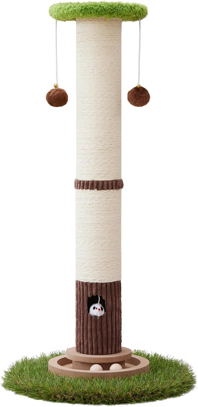Woochpet 34inches Tall Cat Scratching Post with Cat Ball Track Toy Heavy Duty and Thicker Large Diameter Natural Sisal Cat Scratcher Post for Indoor Cats Protect Your Furniture