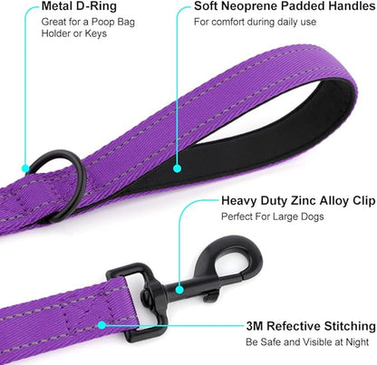 Heavy Duty Double Handle Dog Leash 6 ft Long for Total Control, Padded 2 Handle, Reflective Training Lead for Medium Large Dogs (Purple, 6 FT)