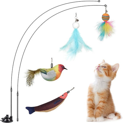 Greoil Cat Toys for Indoor Cats,Interactive Cat Toys for Bored Indoor Adult Cats 7 Pack Cat Teaser Cat Toys, 2 Pack Flexible Steel Wire and 4 Pcs Replacement Feather Refills with Balls and Birds