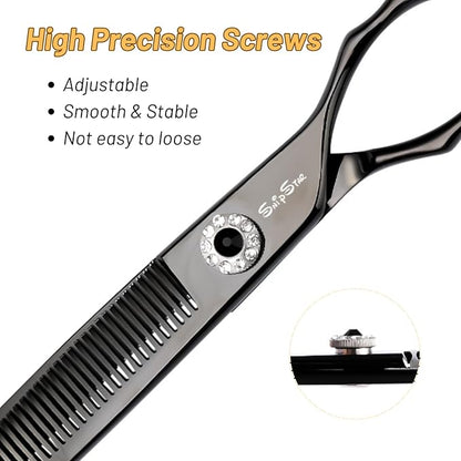 7.5inch Curved Thinner Dog Grooming Scissors, 56 Teeth Professional Dog Cutting Scissors, 25 Degree Bend High-end Shears for Pet Groomers or Family Use, with Symmetric Handle, Thinning Rate 25%, Black