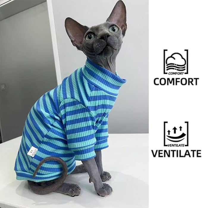 Snixfever Striped Waffle Knit Shirt for Sphynx Cat, 2-Leg Long Sleeve Lightweight Outfit for Hairless Cats, Soft All-Season Pet Clothes (Blue, Medium (3.5-5lbs))