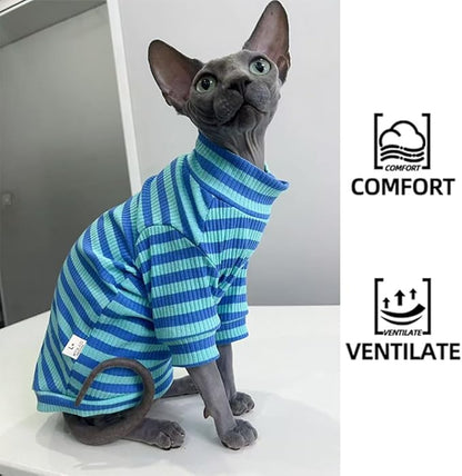 Snixfever Striped Waffle Knit Shirt for Sphynx Cat, 2-Leg Long Sleeve Lightweight Outfit for Hairless Cats, Soft All-Season Pet Clothes (Blue, Medium (3.5-5lbs))