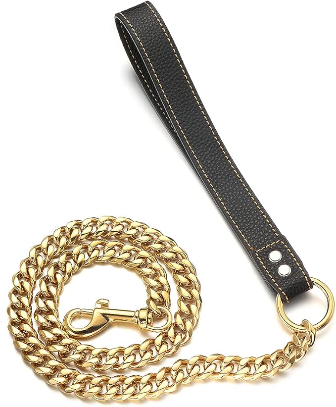 18K Gold Dog Chain Leash 15MM Solid Chew Proof 316L Stainless Steel Cuban Link Chain with Smooth Leather Handle Beautiful Leash for Walking Training 3FT/4FT/5FT(15mm,3ft)…