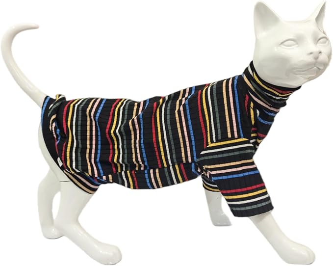 Turtle Neck Vintage Stripes Sphynx Hairless Cat Cotton T-Shirts Pet Clothes Vest Kitten Shirts Sleeveless, Cats & Small Dogs Apparel (Dark Rainbow, S (3.3-5 lbs))