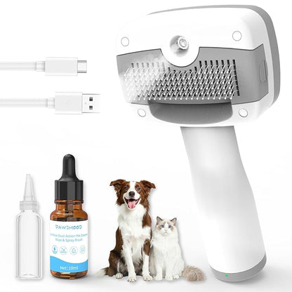 Pawimood Pet Steam Brush for Dogs & Cats, 3-in-1 Steam Grooming Brush for Shedding & Hair Removal - Self Cleaning Spray Comb with Mist for Long Haired Pets - Includes Pet Essence