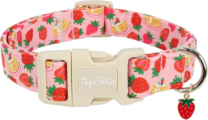 Dog Collar with Strawberry Patterns, Spring Summer Collection Pink Dog Collar with Exquisite Pendant, Durable Adjustable Collars for Gifts & Daily Use-M