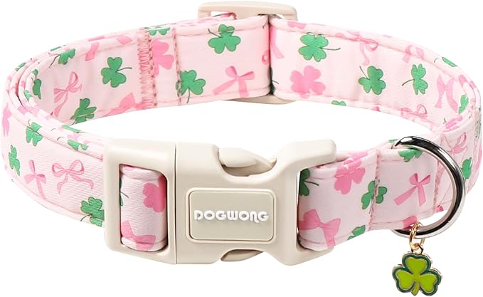 DOGWONG Cute St. Patrick Dog Collar, Clover Pink Collar for Medium Dogs Spring Female Dog Collars Adjustable Heavy-Duty Dog Collars Pet Gift