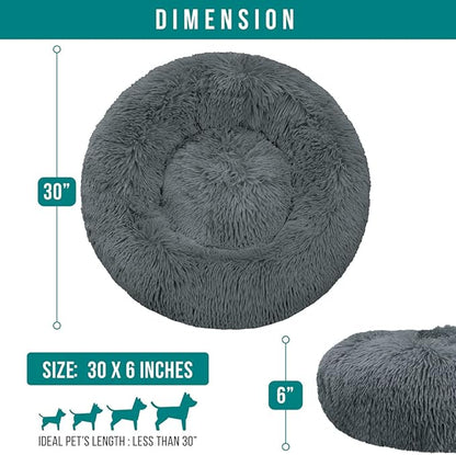 PetAmi Calming Dog Bed for Small & Medium Dogs and Cats, 30” Round Donut Dog Bed, Washable Fluffy Faux Fur Puppy & Cat Bed, Anti-Anxiety Plush Cuddler Pet Bed with Anti-Slip Bottom - Dark Gray