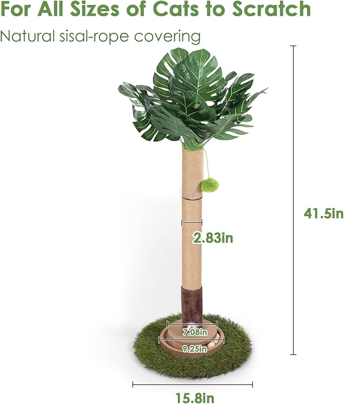 Cat Scratching Post, 35 Inch Tall Cat Scratcher Cat Tree Tower with Hanging Ball for Indoor Cats Adults,Monstera Leaf,Sisal Rope Kitten Scratch with Interactive Mouse Cat Toy