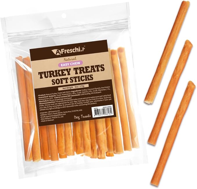 A Freschi srl Soft Turkey Dog Treats, USA-Sourced Trukey, All-Natural, Hypoallergenic, High-Protein, Low-Fat, Healthy & Easily Digestible, Puppy & Training Snack, Stick 6oz