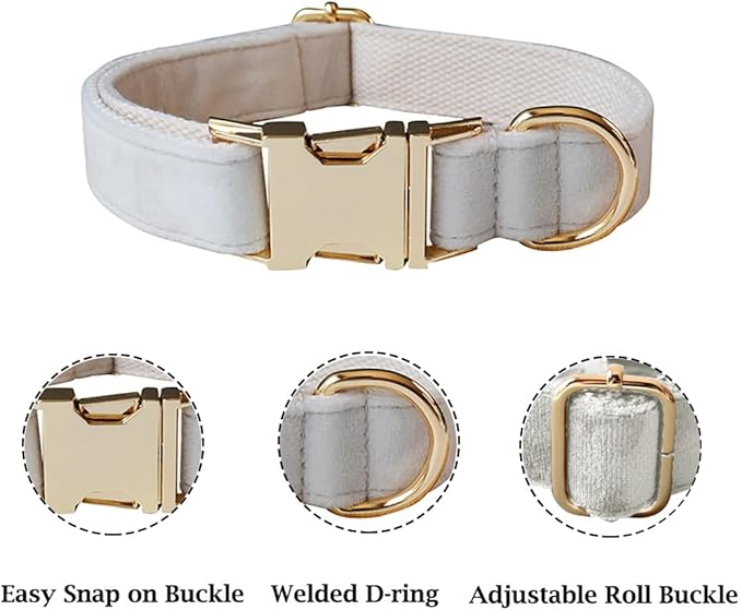 JAY D.L Dog Collar and Leash Set，Soft & Comfy Velvet Dog Collars with Heavy Duty Metal Buckle and Matching Lead Adjustable for Small Medium Large Dogs (Small, White)