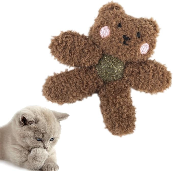 Gavpepy Cat Toys with Catnip Kitten Chew Bite Supplies Boredom Relief Fluffy Kitty Teeth Cleaning Chewing Cat Lovers Interactive Plush Gift (Bear)