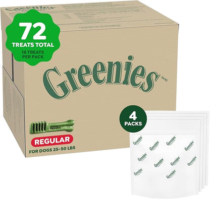 Greenies Veterinarian-Recommended Adult Natural Dental Dog Treats Regular Size, Original Flavor, (4) 18 ct Packs (72 Treats Total)