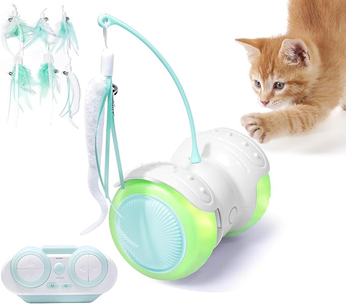 ZeLing HTL Remote Control Cat Toy with Auto Mode - Interactive Cat Toy Feather for Indoor, Moving Cats Catnip Toys & LED to Keep Bored Cats Active & Entertained