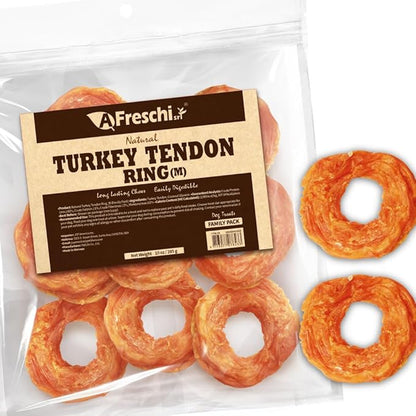 A Freschi srl Turkey Tendons for Dogs, USA-Sourced, Healthy Dog Treats, Rawhide-Free Puppy Chews, Long Lasting, All Natural, Hypoallergenic Dog Treats for Medium Breeds, 10 oz Pack Ring (M)