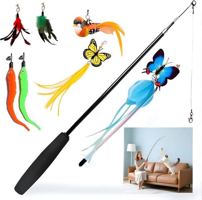 Blrmba Cat Toy Set 11PCS: Interactive Bird Toys for Indoor Kittens & Cat Teaser Wand, 39" Fishing Pole + 18.5" Short Telescopic Wand, 2 Wires, 6 Feather & 1 Bird Toy – EVA Handles, Exercising, Playing