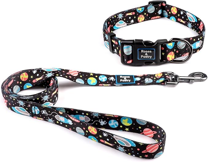 Roses&Poetry Dog Collar and Leash for Medium Large,Adjustable Durable Blue 5ft Puppy Leash Collar for Dog Training Lead（Star-L）