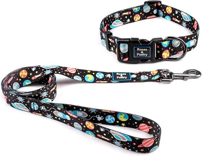 Roses&Poetry Dog Collar and Leash for Medium Large,Adjustable Durable Blue 5ft Puppy Leash Collar for Dog Training Lead（Star-L）