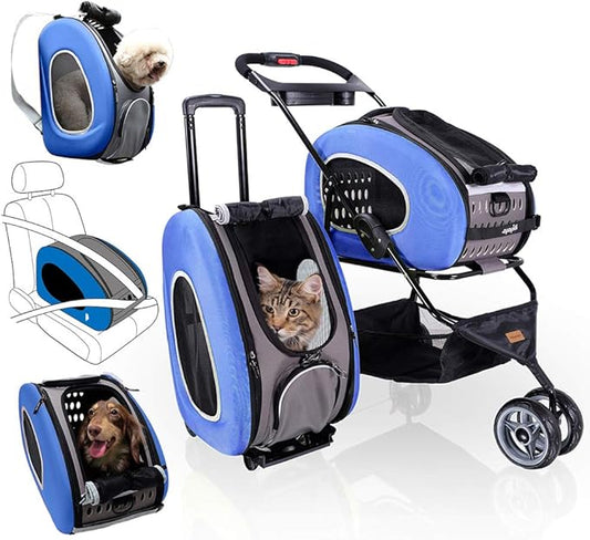 5-in-1 Pet Carrier with Backpack, Pet Carrier Stroller, Shoulder Strap, Carriers with Wheels for Dogs and Cats - Blue