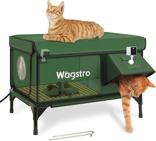 Wagstro Heated Cat House for Outside with Smart Pet Camera, Highly Elevated with Escape Door, Insulated Waterproof Outdoor Cat House Shelter for Feral Stray Barn Cat (Army Green, 25.6"x16.5"x18.5")