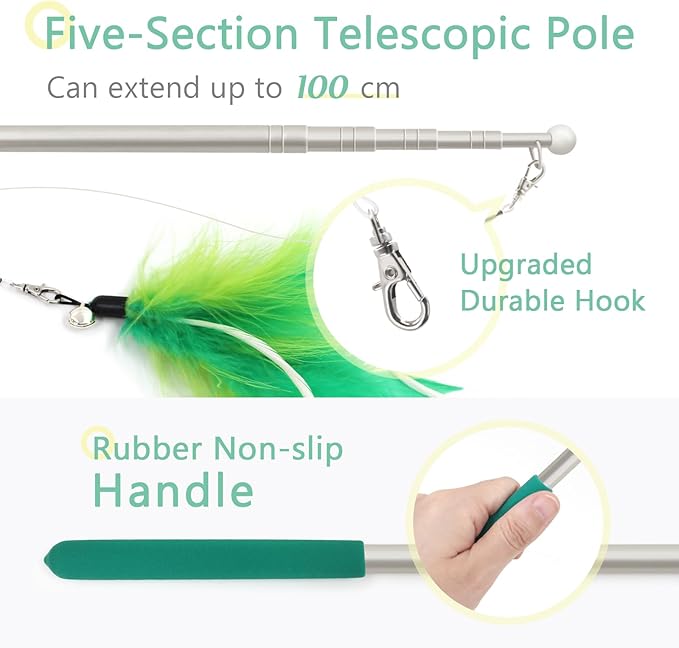 SONGWAY Cat Feather Toys Wand - 7 Pcs Interactive Cat Toys for Indoor Cats Kittens, Retractable Cat Wand with 6 Feather Teaser Refills with Bell, Cats Fishing Pole Toy, Green