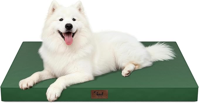 Tail Stories Outdoor Large Washable Dog Bed, Orthopedic Egg Crate Foam Dog Crate Mat for Large Dogs with Removable Oxford Cooling Cover, Dark Green