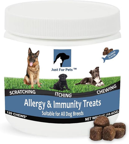 Dog Allergy Relief Chews - Itching Skin Relief with Probiotics and Turmeric for Dogs - Itchy Skin, Hot Spots, Paw Licking, Allergies & Immune Support - Made in USA - 120 Soft Treats, Salmon Flavor