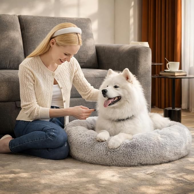 Dog & Cat Bed for Indoor Cats, 30in Calming Donut Pillow mat for Puppy and Kitten, Washable Cooling Round Fluffy Pet Nest for Small Medium Dogs and Cats, Light Grey