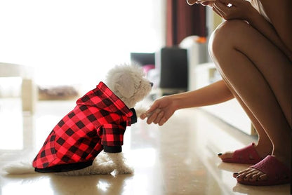 Red Plaid Dog Hoodie Sweater for Dogs Pet Clothes with Hat and Pocket（XS）
