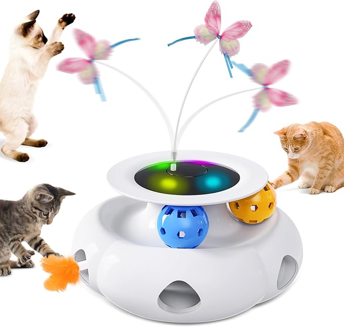 Xuyub Cat Toys 3in1 Interactive Moving Ambush Feather, Spinning Butterfly, Track Balls, USB Rechargeable Automatic Activated Kitten Toys for Indoor Cats, Cat Feather Toy for All Breeds