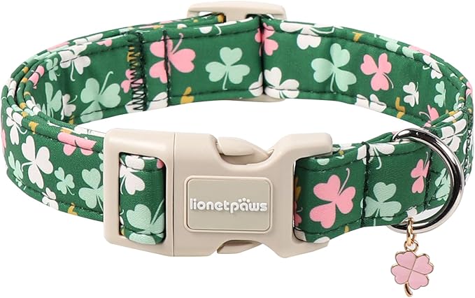 Lionet Paws St. Patrick Dog Collar- Cute Clover Green Dog Collars with Plastic Buckle, Light Adjustable Dogs Collars with Pink Clover Pendant for Medium Large Dogs