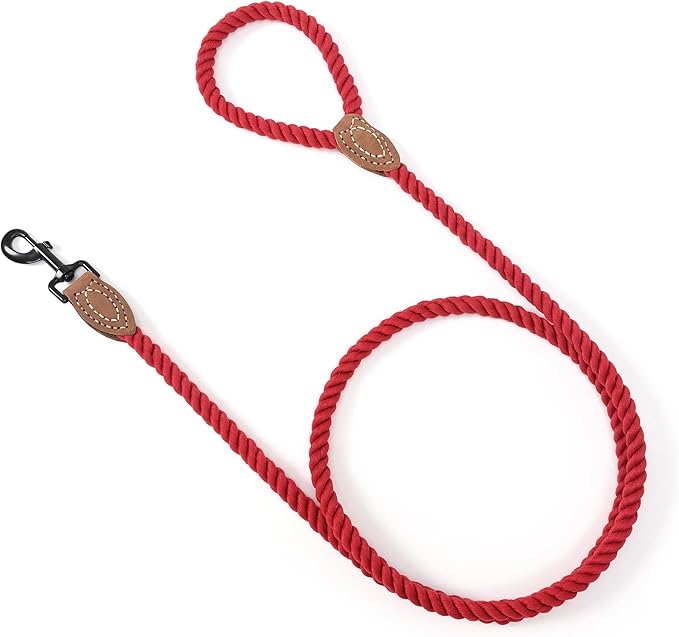 Mile High Life Dog Leash, Braided Cotton Rope Leashes with Leather Tip - Heavy Duty Metal Clasp, 4FT, 1/2" Thick - Wedding, Walking & Training Leash for Small Medium Large Dogs (Red)