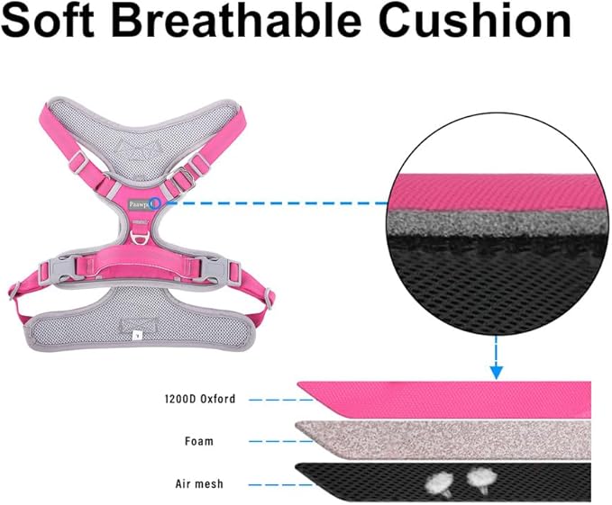 Paawpal Adjustable Dog Harness - No Pull, Reflective, Soft Padded for Small, Medium, Large Dogs - Includes Leash Pink M