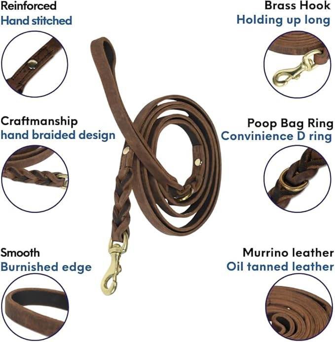 Leather Short Dog Leash 15 Inch - Short Dog Traffic Lead for Large Dogs Training and Walking - Braided Leather Tab for Large Dogs - Full Grain Heavy Duty. (Brown, 2 FT)