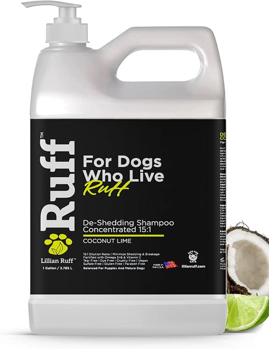 Ruff by Lillian Ruff 15:1 Concentrated Deshedding Dog Shampoo – Extra-Strength Shedding & Odor Control – Aloe, Coconut Oil & Vitamin E – Puppy Safe, USA Made - Coconut Lime – Gallon Pump