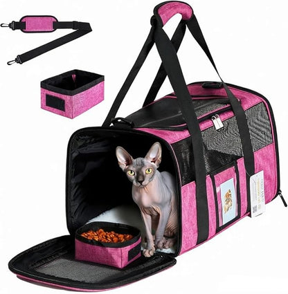 SECLATO Airline Approved Cat Carrier, Soft-Sided Pet Travel Carrier for Cats and Small Dogs up to 15lbs, TSA Approved Under Seat Carrier with Collapsible Bowl, 17x12x11 Inch, Red