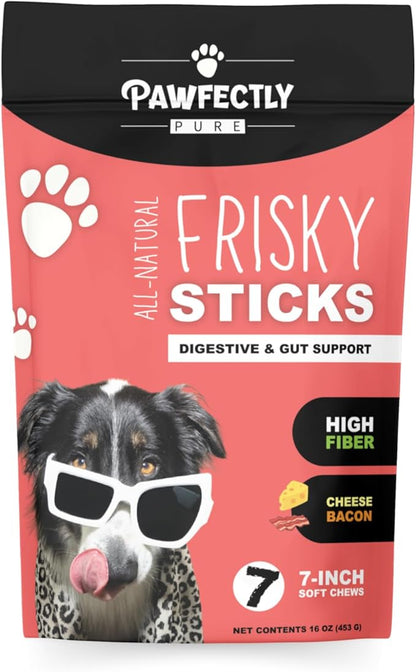 Pawfectly Pure Frisky Sticks Natural Dog Treats, Cheese & Bacon Flavor, 7-Inch Soft Chews, High Fiber Digestive and Gut Support, Grain-Free, Skin & Coat Health, Energy, 16 oz