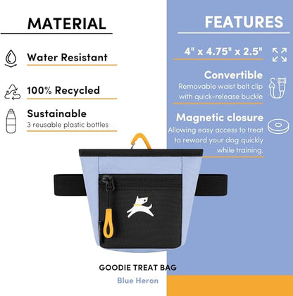 OllyDog Goodie Treat Bag, Dog Treat Pouch, Waist Belt Clip for Hands-Free Training, Magnetic Closure, Dog Training and Behavior Aids, Three Ways to Wear (Blue Heron)